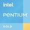 Logo Intel Pentium Gold sur un fond bleu et jaune.