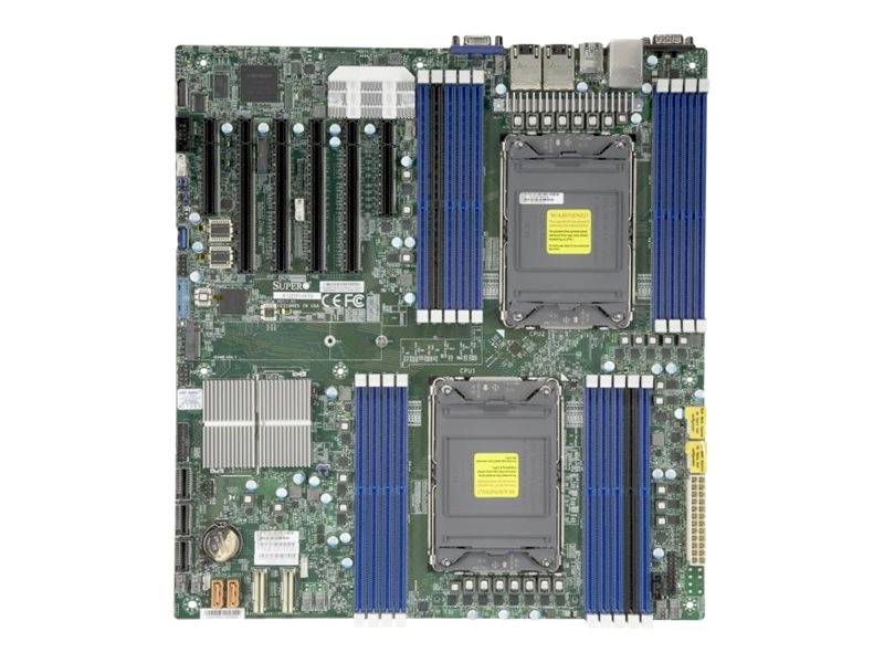 'Carte mère de serveur avec deux emplacements pour processeurs, huit emplacements RAM bleus, plusieurs emplacements PCIe et différents ports de connexion.'