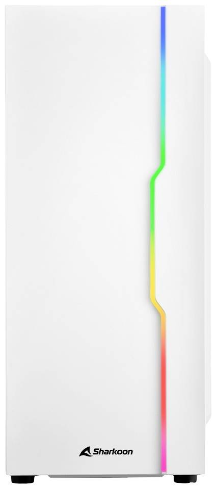Un boîtier d'ordinateur blanc avec une bande LED verticale aux couleurs arc-en-ciel sur l'avant. Logo de Sharkoon en bas.