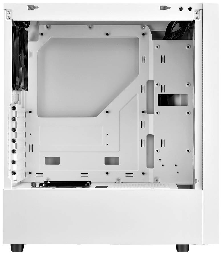 Boîtier d'ordinateur blanc sans composants, avec ventilateur à l'arrière ; offre de l'espace pour la carte mère, les lecteurs et l'alimentation.