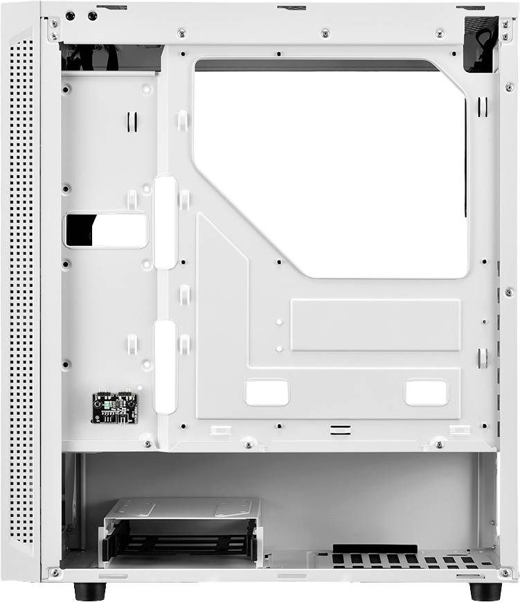 Boîtier d'ordinateur blanc, intérieur vide. Façade ouverte, espace pour les composants visible. Fentes de ventilation sur le côté.