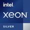 Logo du processeur Intel Xeon Silver sur fond bleu avec lettrage argenté.