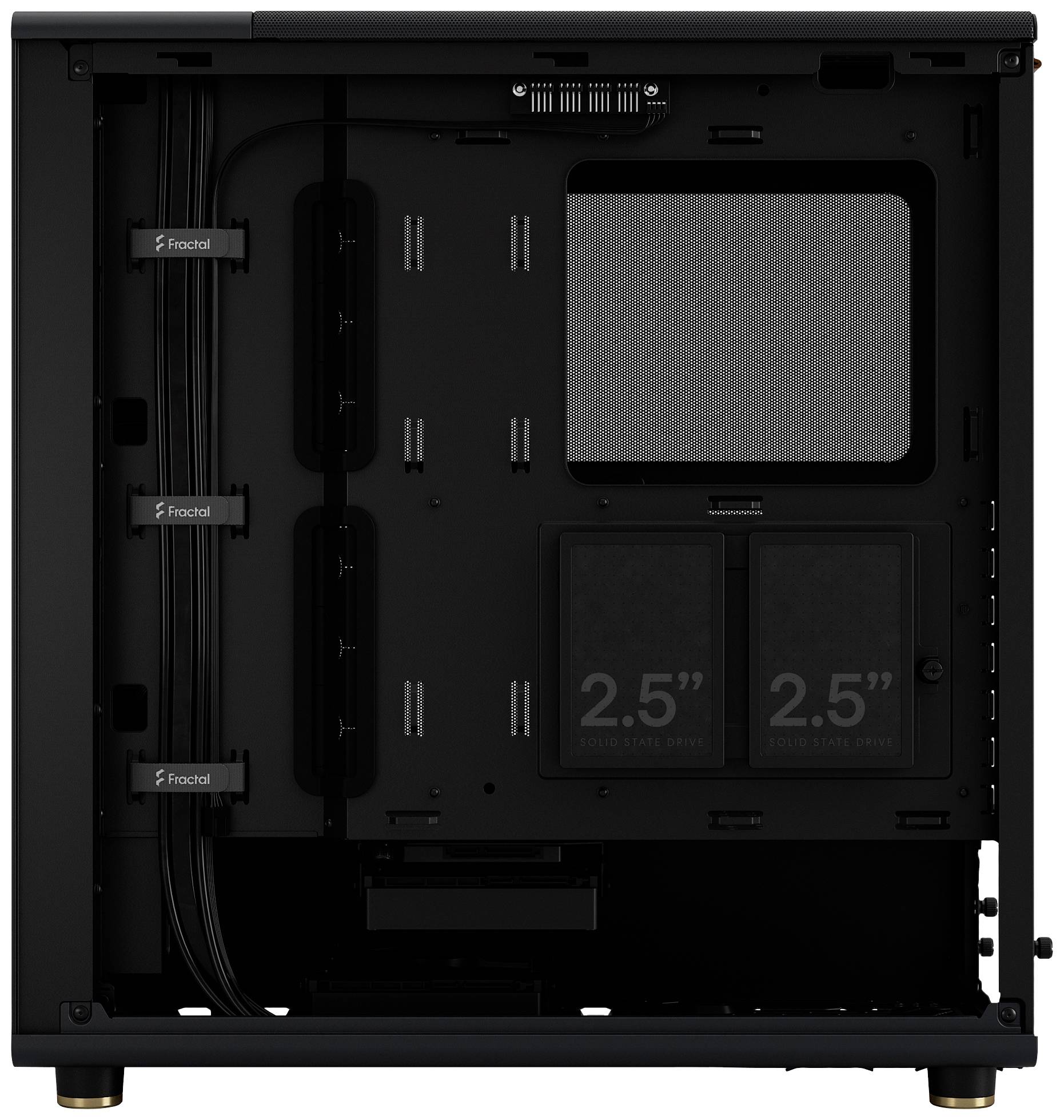 Boîtier d'ordinateur noir avec intérieur ouvert. Deux emplacements pour disques de 2,5 pouces, gestion des câbles et points de montage pour ventilateurs visibles.