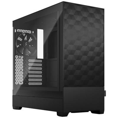 Boîtier d'ordinateur noir et gris avec façade en maille, fenêtre latérale et ventilateurs visibles à l'intérieur, adapté à la construction de PC de bureau.