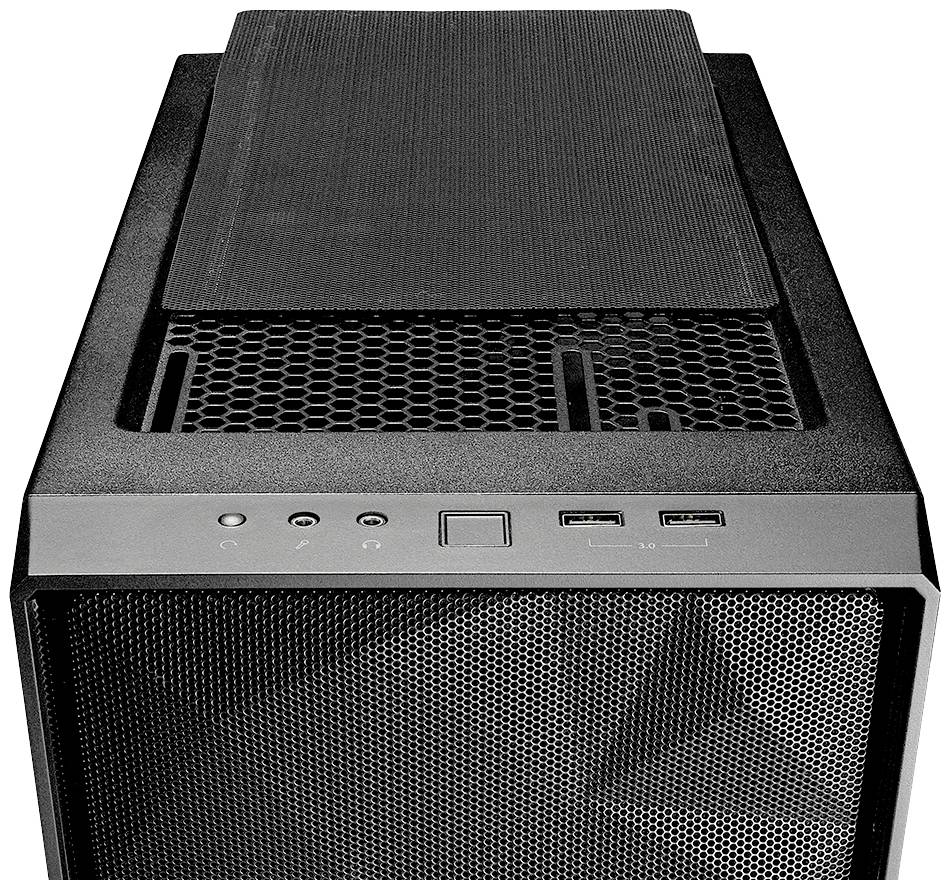 Boîtier d'ordinateur noir avec grille de ventilation et filtre magnétique amovible sur le dessus. Façade équipée de deux ports USB et d'un bouton marche/arrêt.