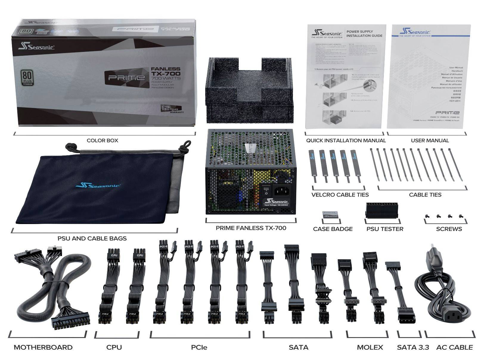 L'image montre le contenu d'un bloc d'alimentation Seasonic Prime Fanless TX-700, comprenant les câbles, les manuels, les vis et le testeur.