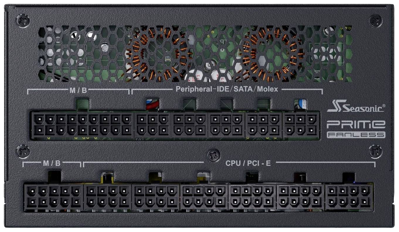 L'image montre l'arrière d'un bloc d'alimentation Seasonic PRIME Fanless avec plusieurs options de connexion pour M/B, CPU/PCI-E et IDE/SATA/Molex.