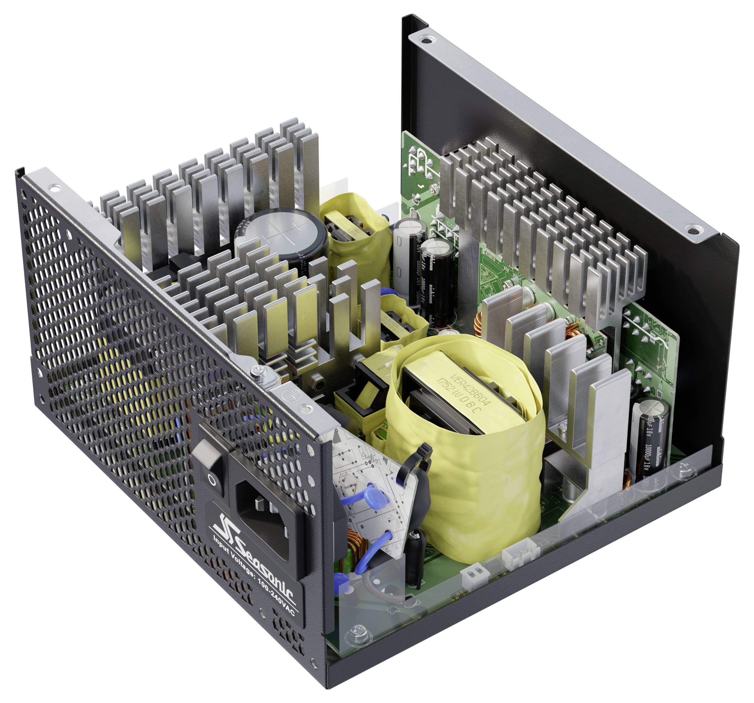 Unité d'alimentation électronique ouverte avec boîtier métallique, cartes de circuit imprimé, condensateurs, transformateurs et radiateurs visibles à l'intérieur.