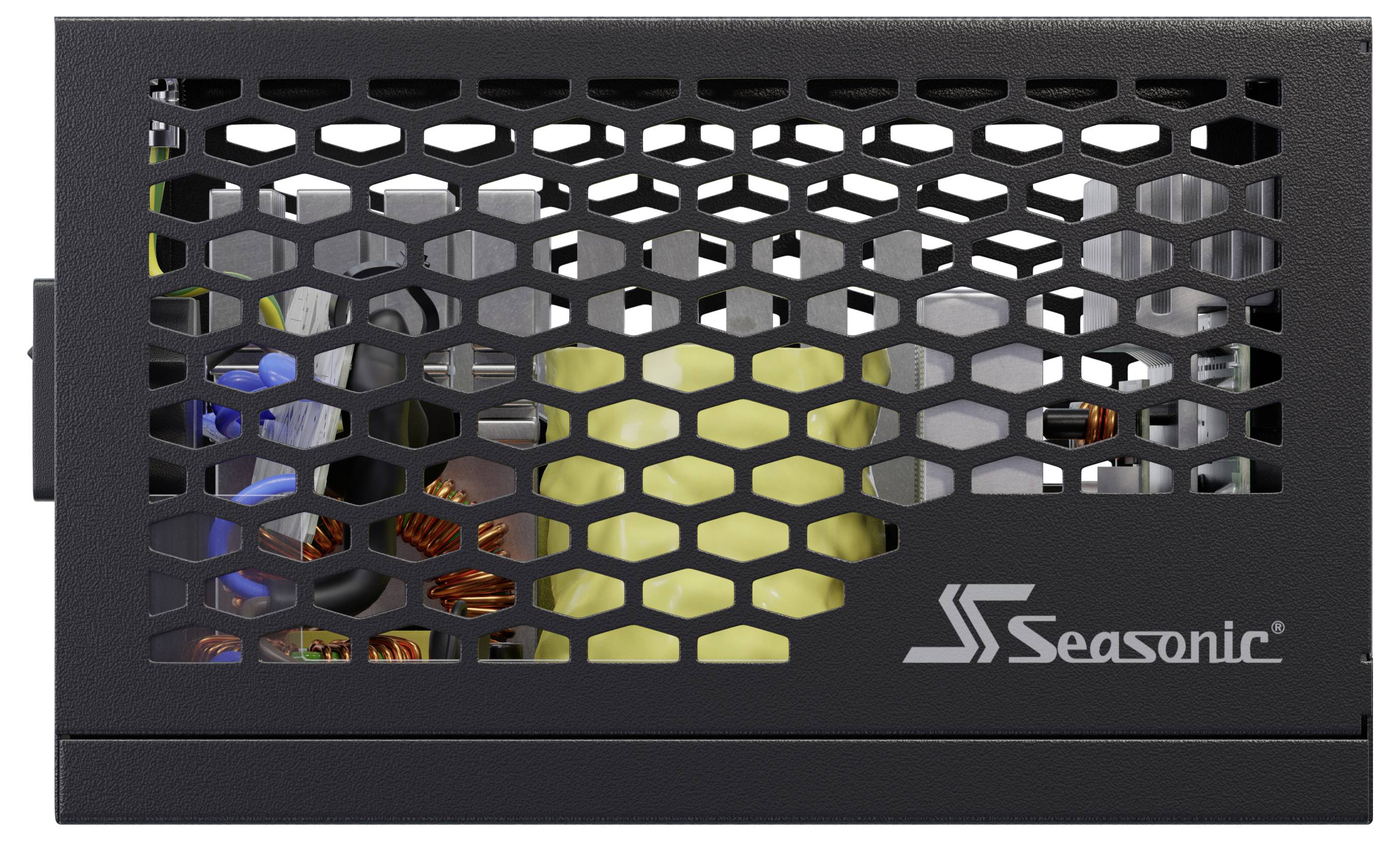 Unité d'alimentation informatique Seasonic noire affichée à travers une grille de ventilation en nid d'abeille, avec le logo Seasonic sur la droite.