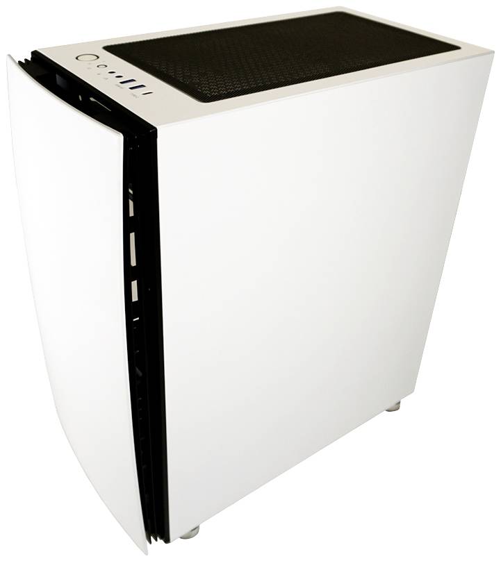 Un boîtier d'ordinateur blanc aux bords arrondis avec un couvercle grillagé noir en haut, adapté pour la construction d'un PC silencieux.