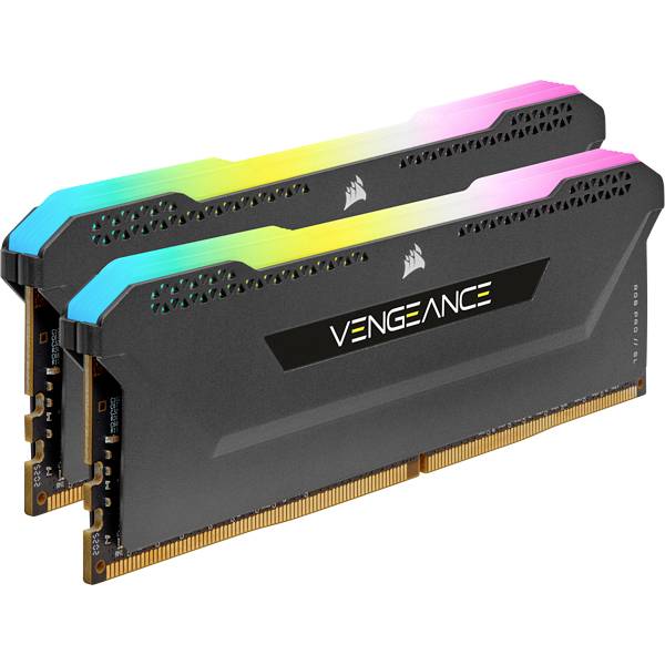 Deux modules de mémoire RAM Corsair Vengeance RGB avec éclairage LED coloré sur un fond noir.
