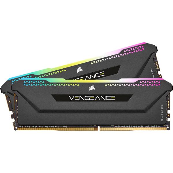 Deux modules de mémoire RAM Corsair Vengeance avec éclairage RVB en noir, adaptés aux ordinateurs hautes performances.