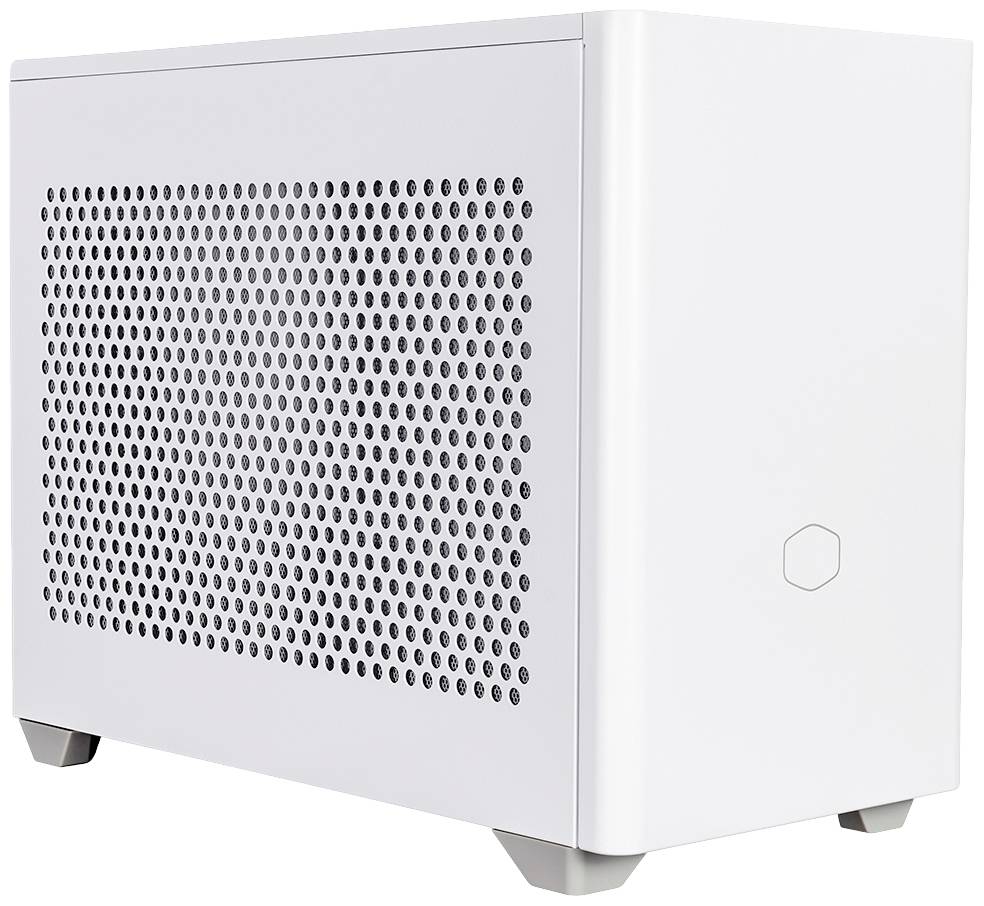 Un boîtier d'ordinateur compact blanc avec des trous de ventilation sur un côté. Adapté aux cartes mères Mini-ITX et économe en espace.