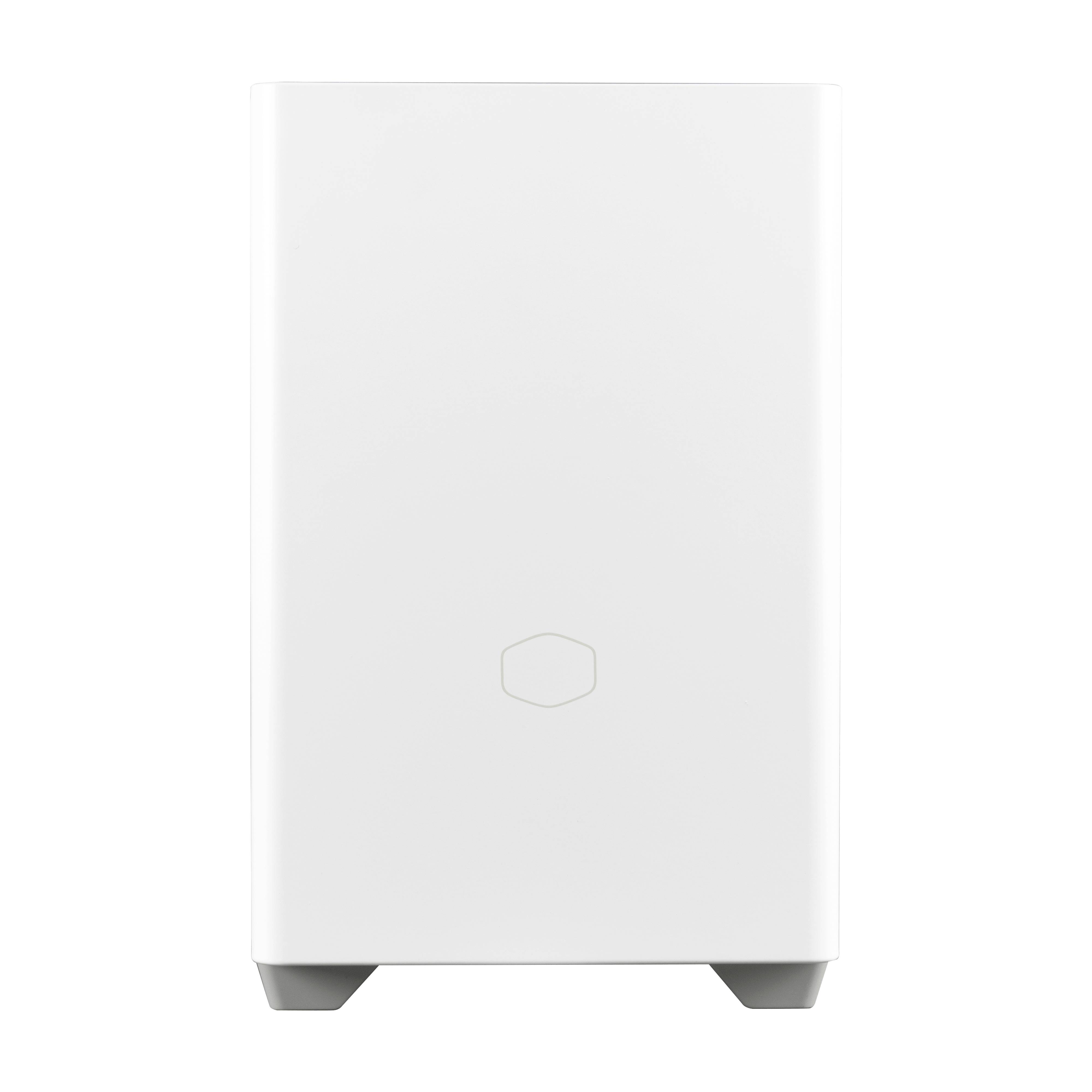 Boîte blanche rectangulaire à surface lisse et coins arrondis, reposant sur deux pieds.