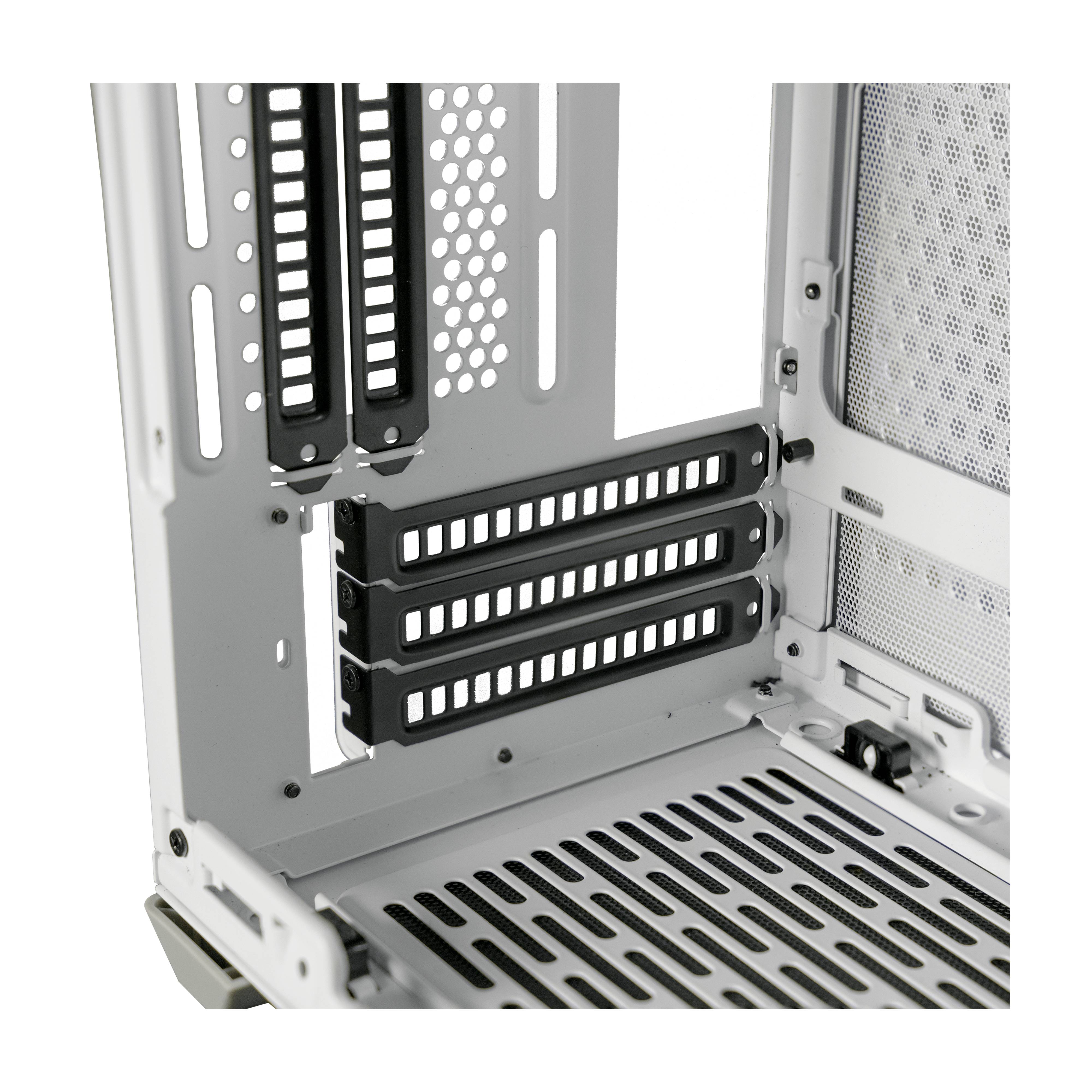 Vue intérieure d'un boîtier d'ordinateur avec des emplacements d'extension amovibles et des orifices de ventilation ; illustre la structure et la conception.