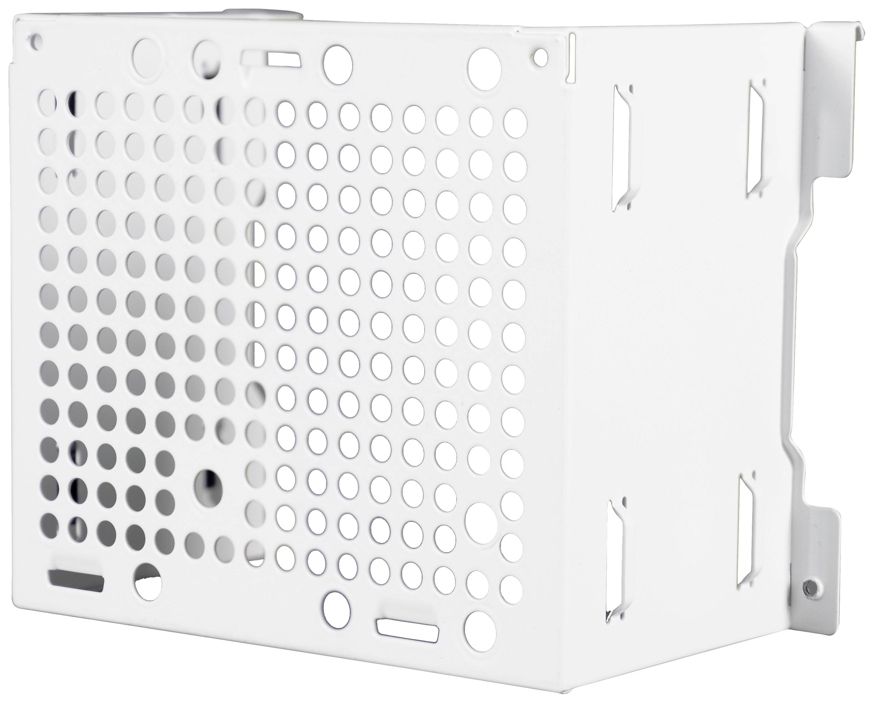 Boîte métallique avec des trous ronds, probablement destinée au montage de composants électroniques ou mécaniques. Le côté gauche présente une surface perforée.