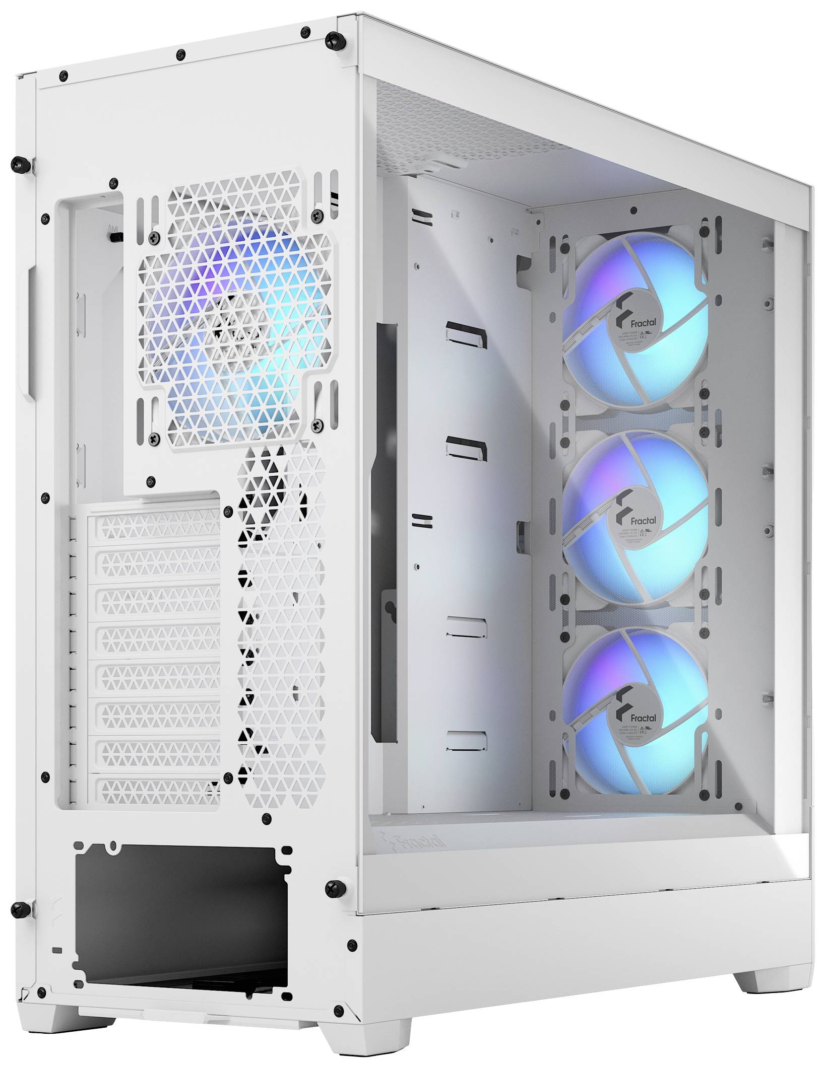Un boîtier d'ordinateur blanc avec une paroi latérale transparente, révélant trois ventilateurs rétroéclairés en bleu. Construction moderne et aérée.