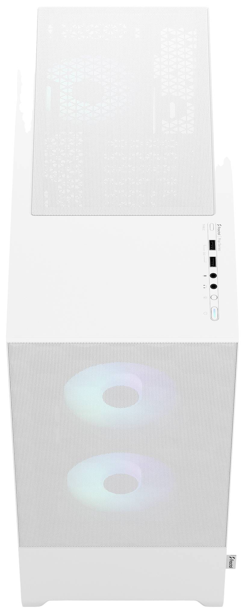 Boîtier d'ordinateur blanc avec deux ventilateurs éclairés à l'avant et plusieurs ports en haut, adapté aux projets de construction de PC.