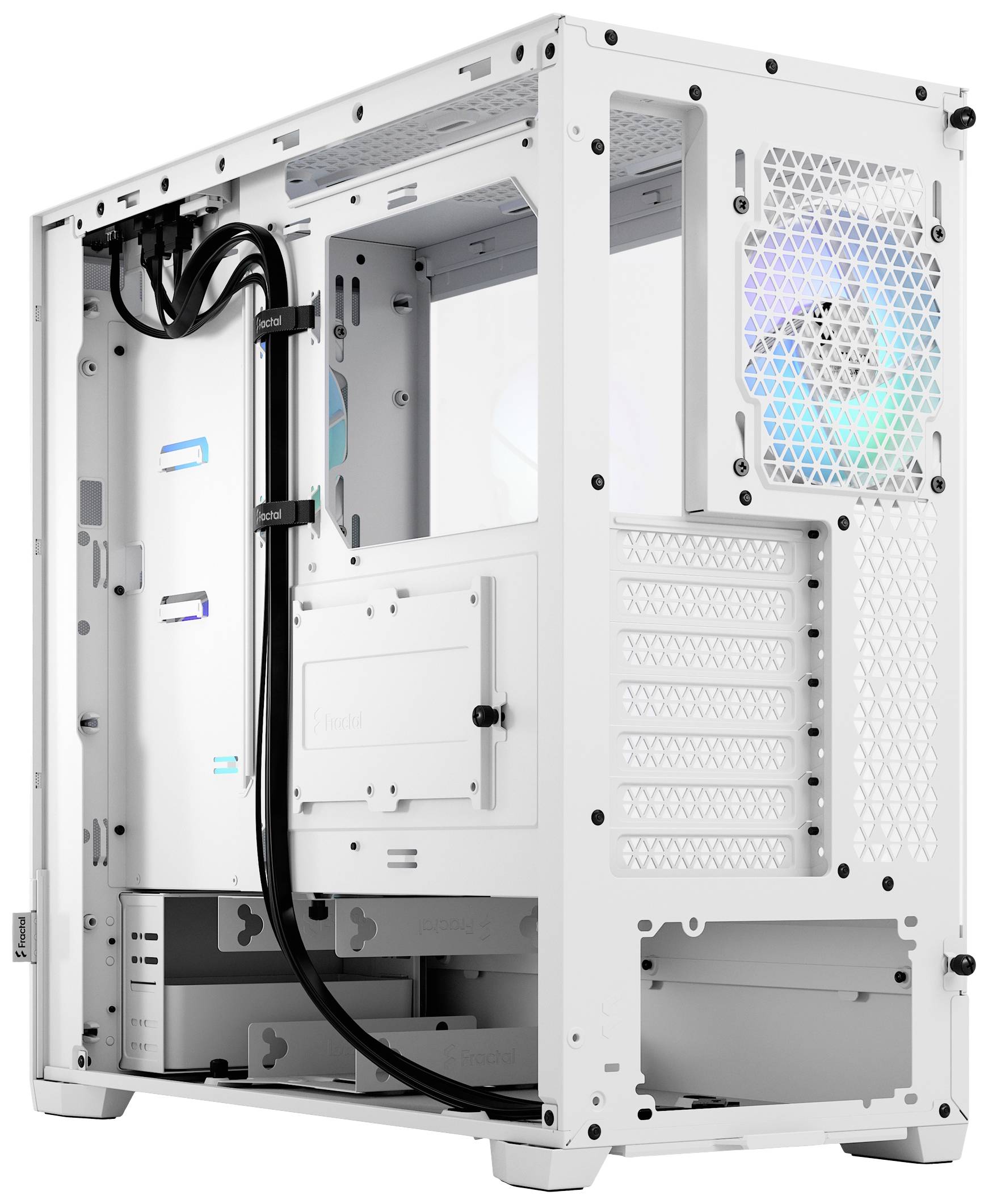 Boîtier d'ordinateur blanc avec panneaux latéraux transparents et ventilateurs intégrés, offrant de l'espace pour les composants et permettant une gestion des câbles.