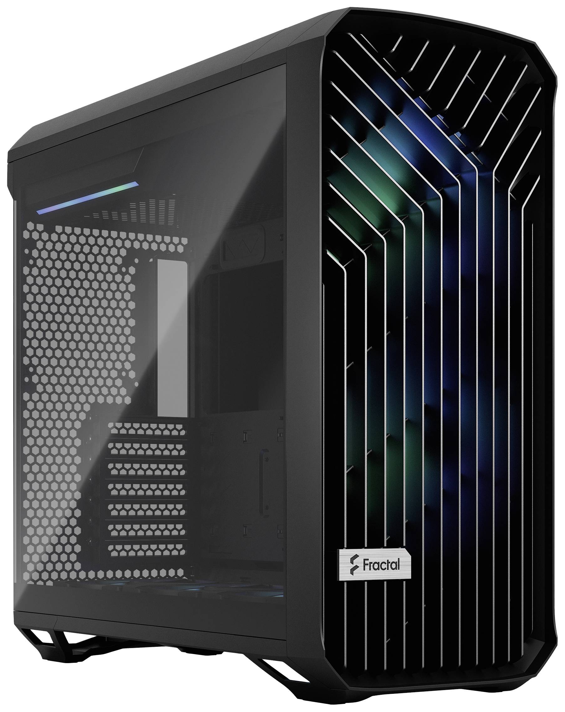Un boîtier d'ordinateur noir avec une fenêtre latérale transparente et un panneau frontal texturé distinctif, offrant une vue sur les éclairages LED à l'intérieur.