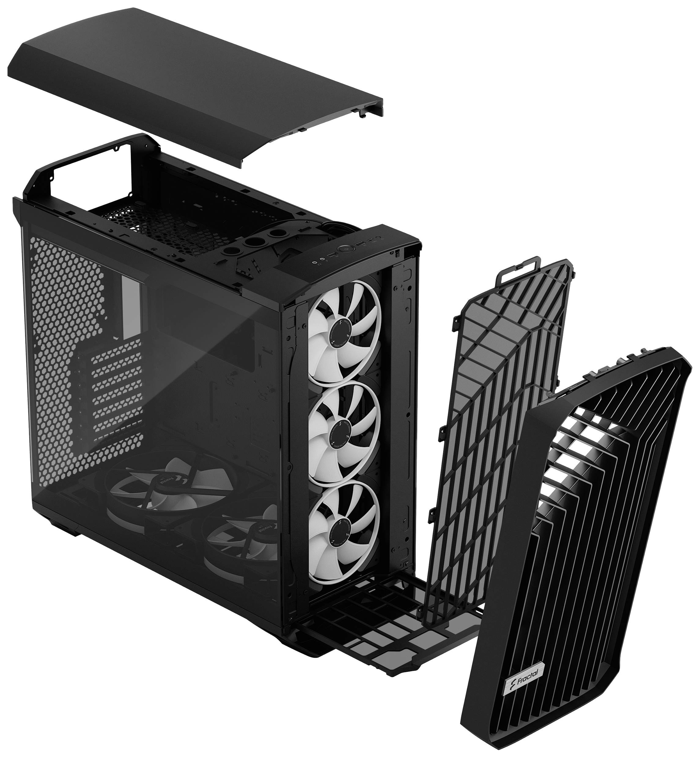 Boîtier d'ordinateur ouvert avec plusieurs ventilateurs, couvercles avant et supérieur retirés, montrant la ventilation et la configuration pour le refroidissement du PC.