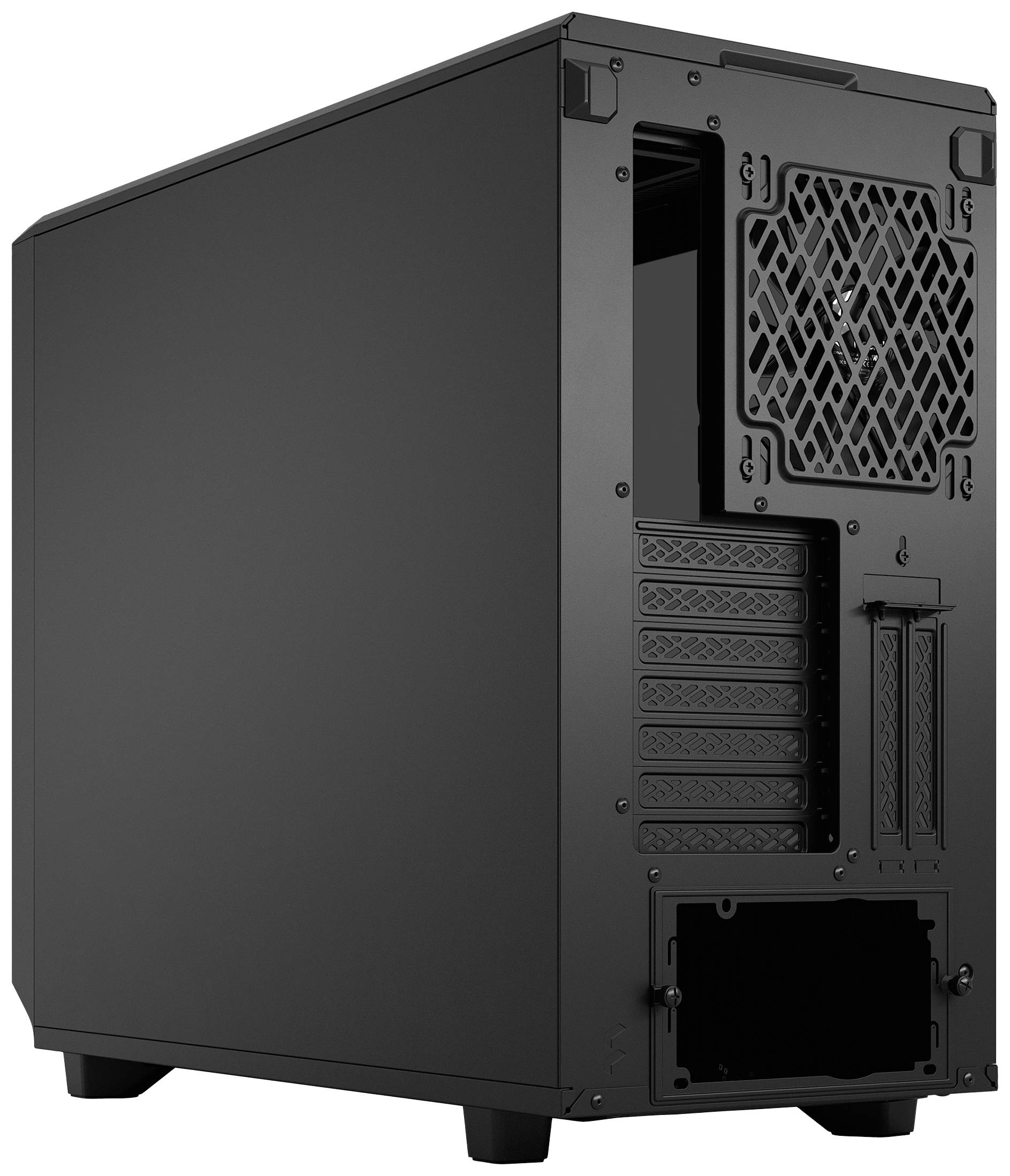 Vue arrière d'un boîtier d'ordinateur noir sans ports visibles.