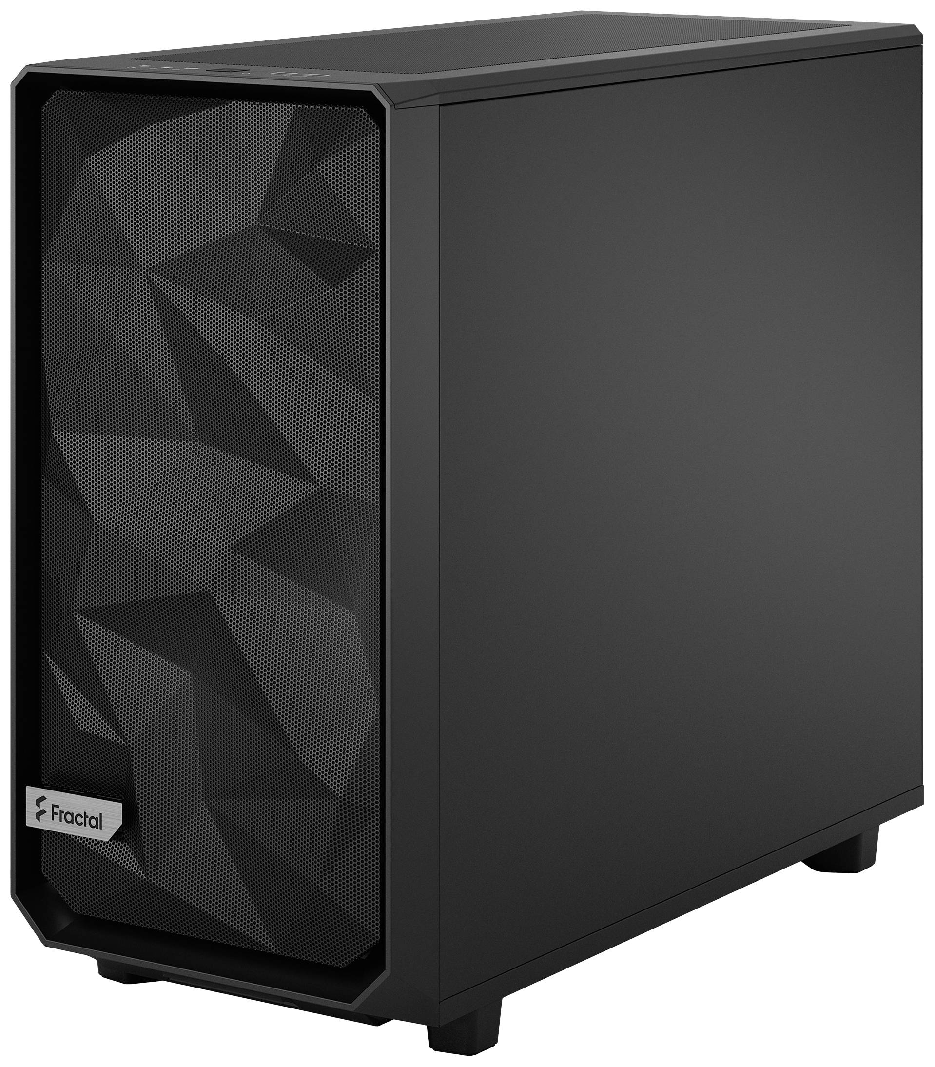 Boîtier d'ordinateur noir avec un panneau avant polygonal et le logo Fractal en bas à gauche, adapté pour la construction d'un PC gaming.