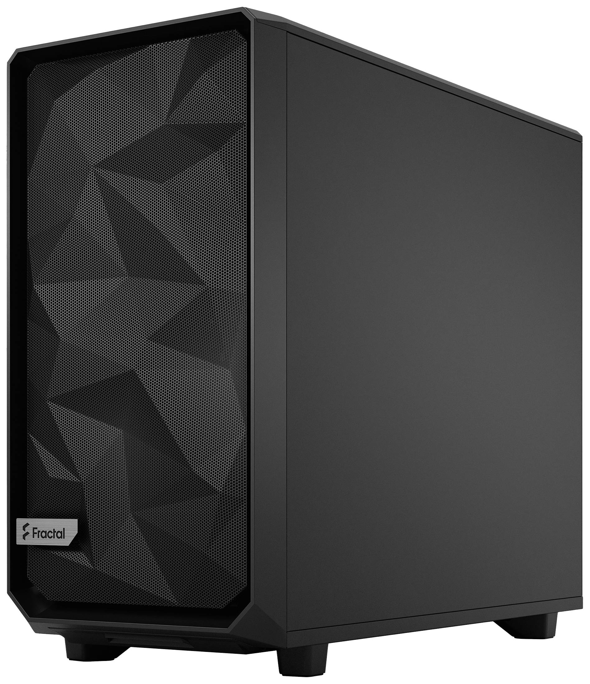 Boîtier d'ordinateur noir avec façade avant à motif géométrique, reposant sur quatre pieds. Adapté pour l'assemblage d'un PC.