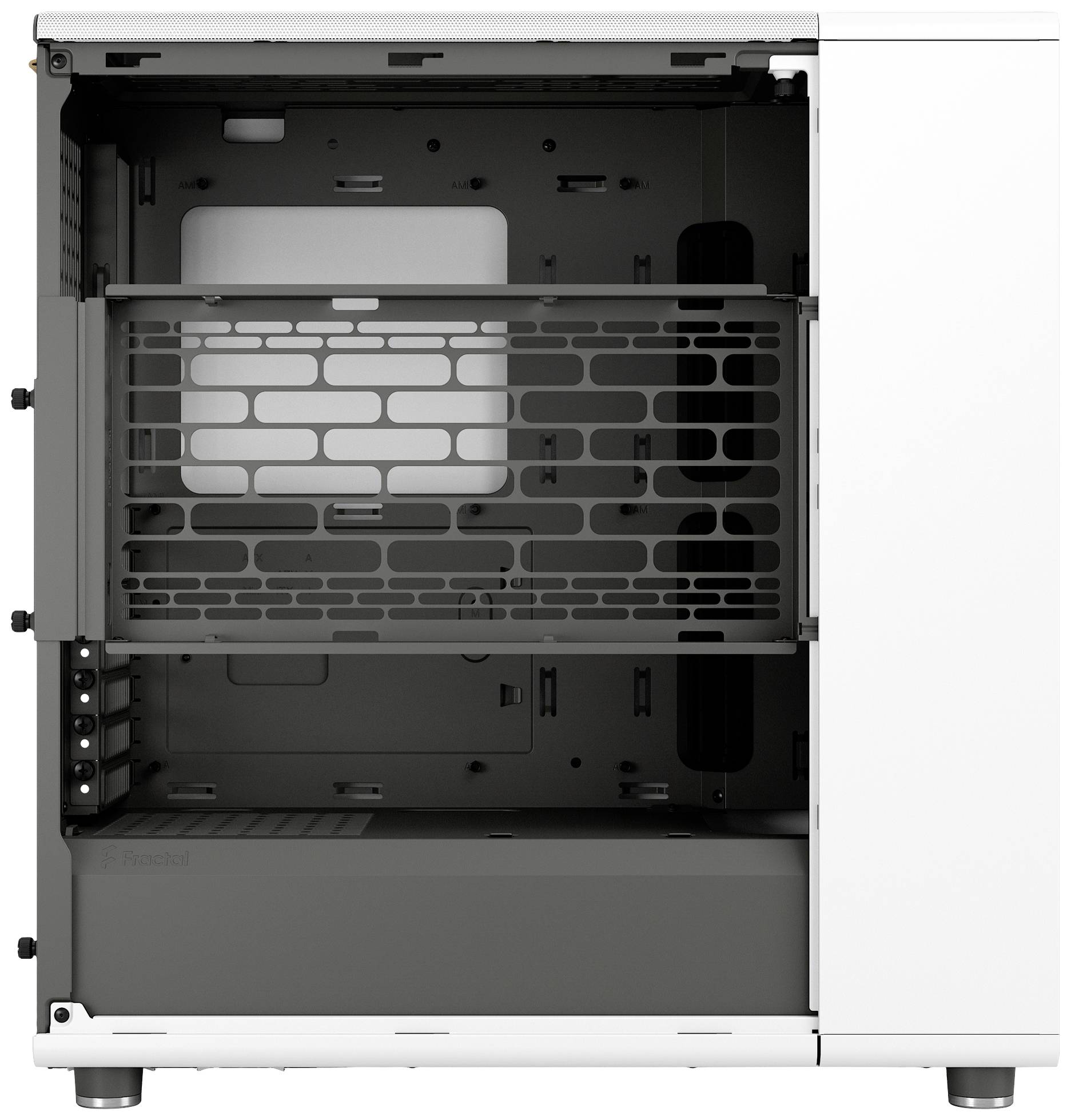 Boîtier d'ordinateur blanc avec panneau latéral ouvert, montrant à l'intérieur plusieurs supports pour des composants tels que des disques durs et des cartes graphiques.