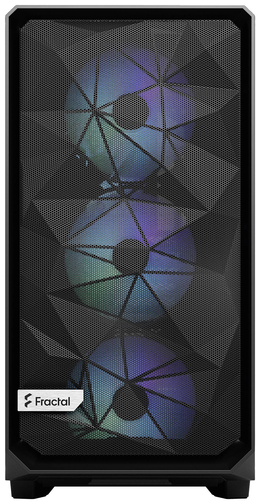 Boîtier d'ordinateur avec ventilateur frontal RGB triple derrière une grille en maille.