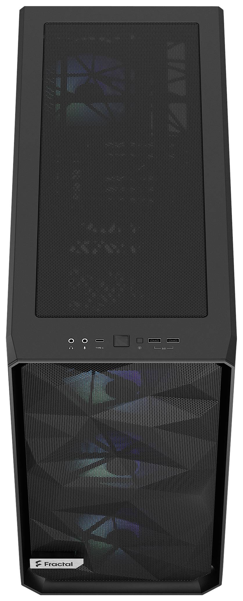 Boîtier d'ordinateur noir avec grille frontale transparente, éclairé par trois ventilateurs munis de LED colorées. Commandes et logo de marque en haut.