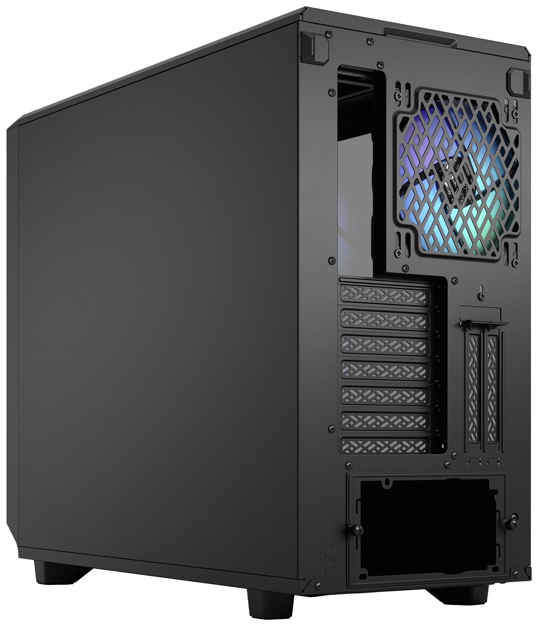 Boîtier d'ordinateur noir, vue arrière avec grille de ventilation visible en haut et plusieurs emplacements PCIe. Aucun câble ou connecteur.