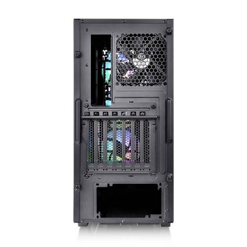 Le dos d'un boîtier d'ordinateur noir montre des ventilateurs de refroidissement et des emplacements d'extension. Des LED colorées sont visibles à l'intérieur.