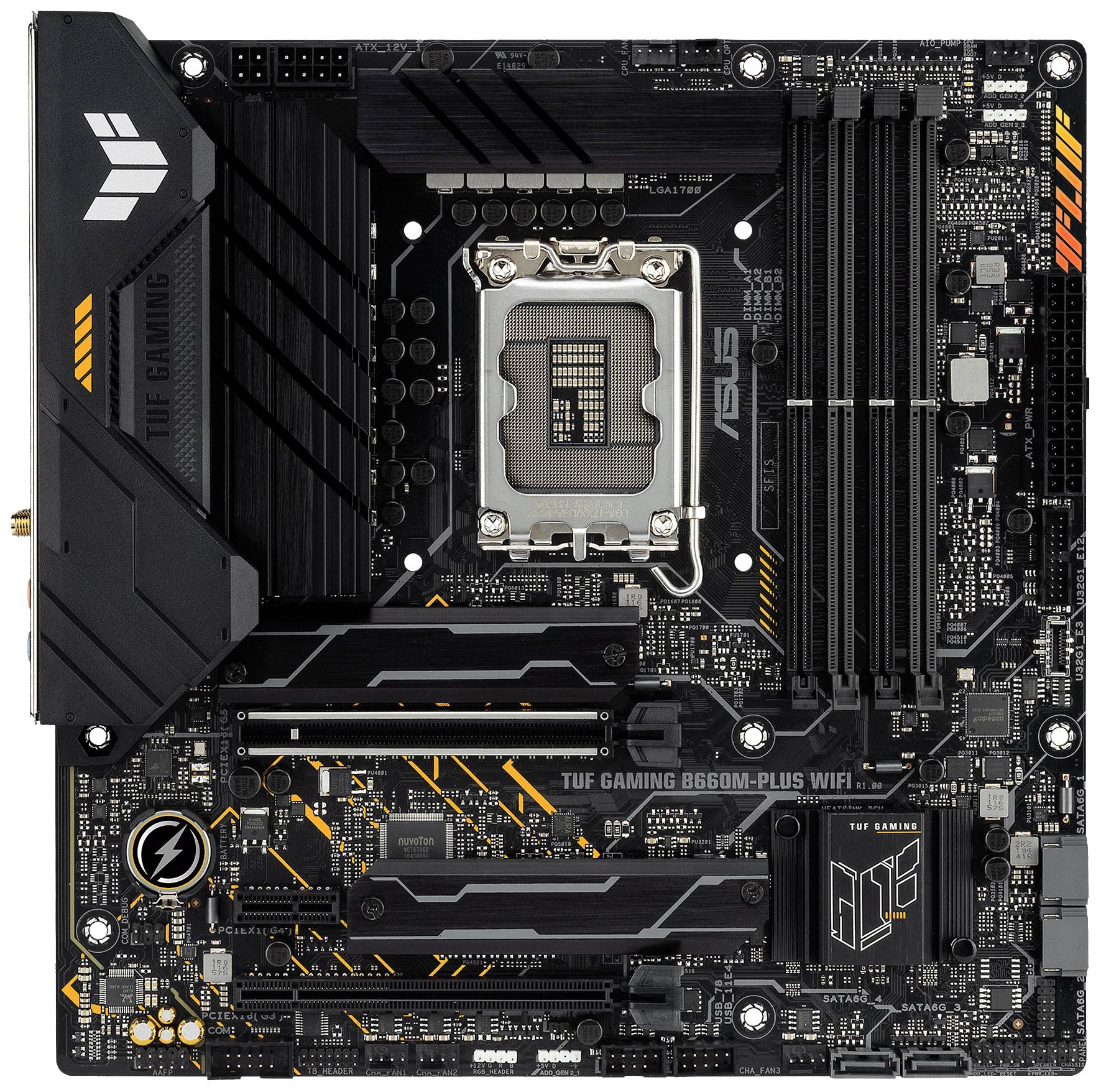 Carte mère ASUS TUF Gaming B660M-PLUS WIFI avec socket Intel, quatre emplacements RAM, slots PCIe et système de refroidissement intégré.