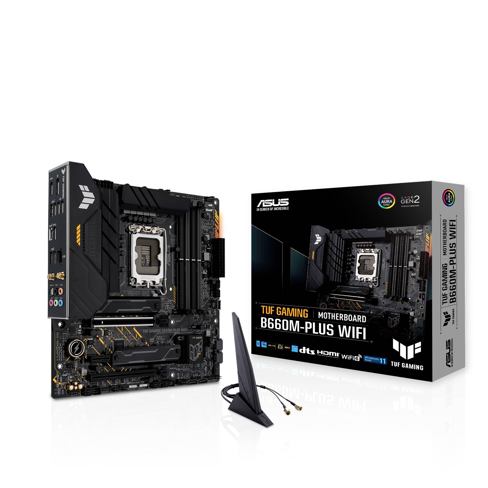 La carte mère ASUS TUF Gaming B660M-Plus WIFI est présentée avec son emballage. Les caractéristiques comprennent des slots renforcés, un éclairage RGB et la compatibilité Wi-Fi.