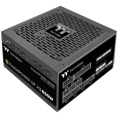 Bloc d'alimentation PC noir 'Thermaltake Toughpower GF A3 850W' avec fentes de ventilation et connexions, adapté aux ordinateurs haute performance.