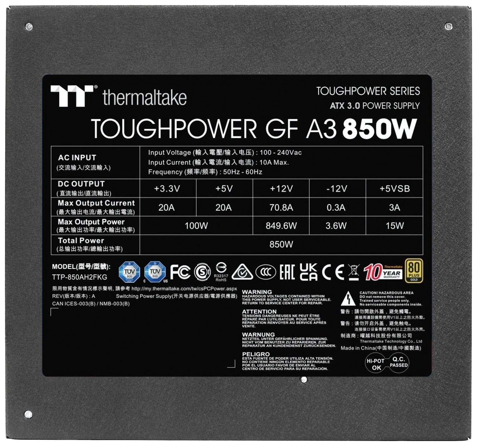 Bloc d'alimentation Thermaltake Toughpower GF A3 850W. Affiche la tension d'entrée, la fréquence, les caractéristiques de puissance et le numéro de modèle.