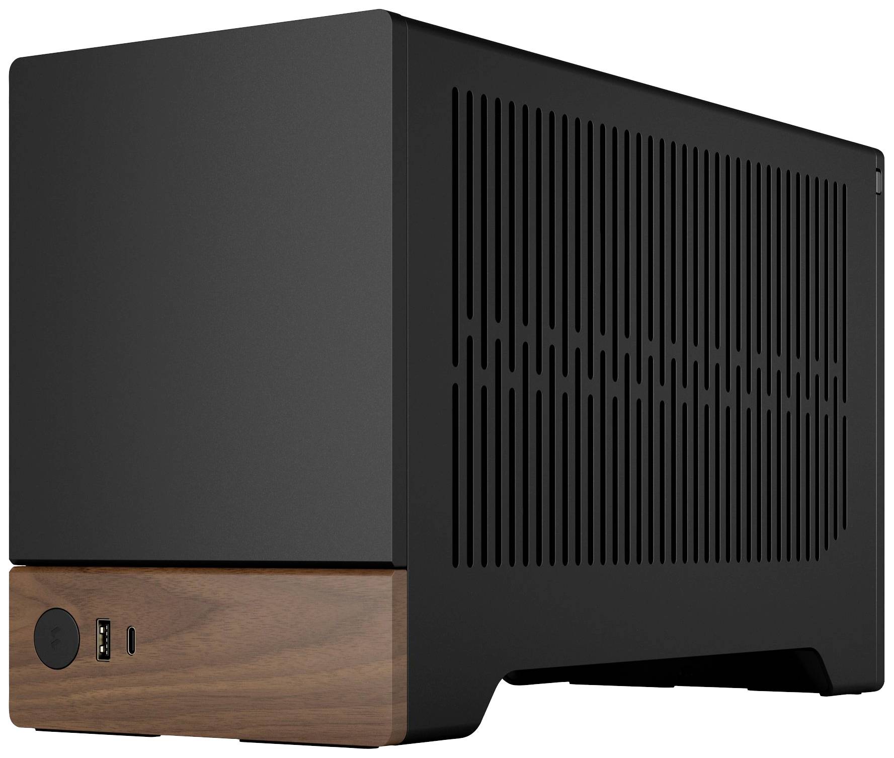 Boîtier d'ordinateur noir avec des fentes d'aération et un habillage en bois sur la partie inférieure. Ports USB et interrupteur marche/arrêt visibles sur la façade.