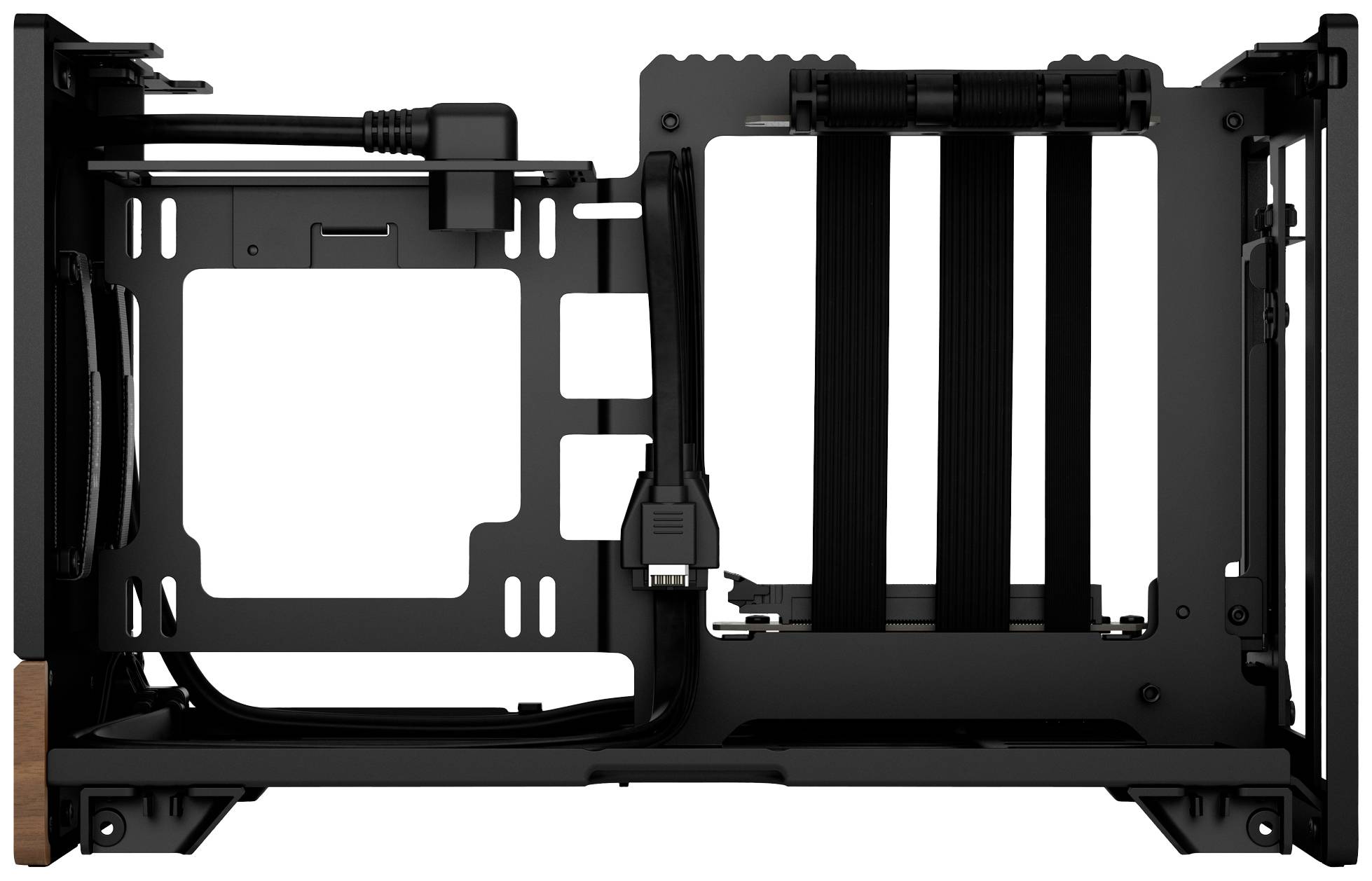 Boîtier d'ordinateur en métal noir avec panneaux latéraux amovibles et système de gestion des câbles ; adapté aux installations matérielles compactes.