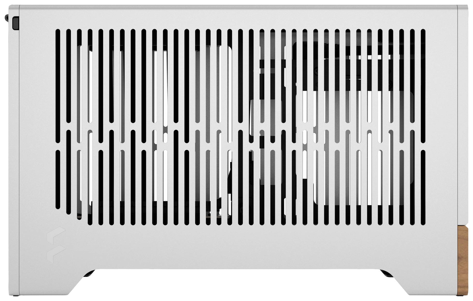 Boîtier d'ordinateur blanc rectangulaire avec des fentes de ventilation verticales sur le côté, laissant partiellement entrevoir les composants internes.