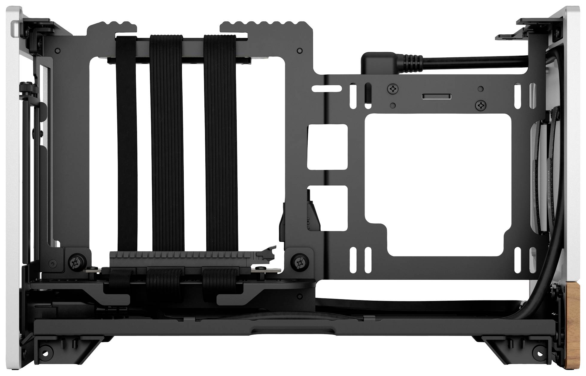 Boîtier d'ordinateur vu de côté, révélant sa structure de châssis métallique interne avec un système de gestion des câbles. Idéal pour un design compact.