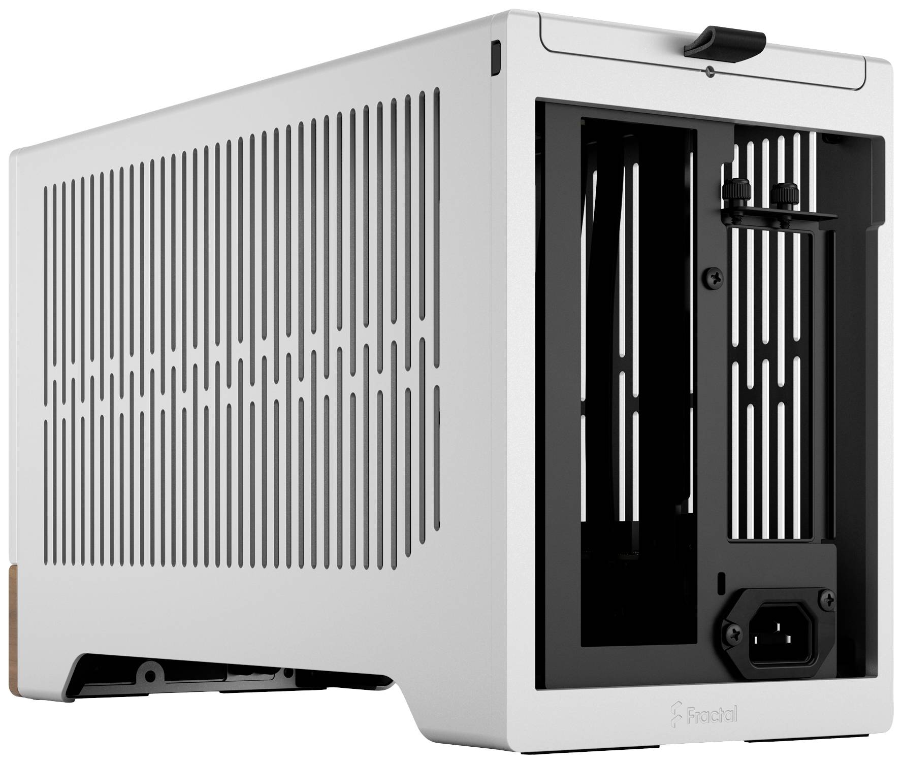 Boîtier PC compact, rectangulaire, de couleur blanche avec un intérieur noir, doté d'entrées d'air sur les côtés et de connexions à l'arrière.