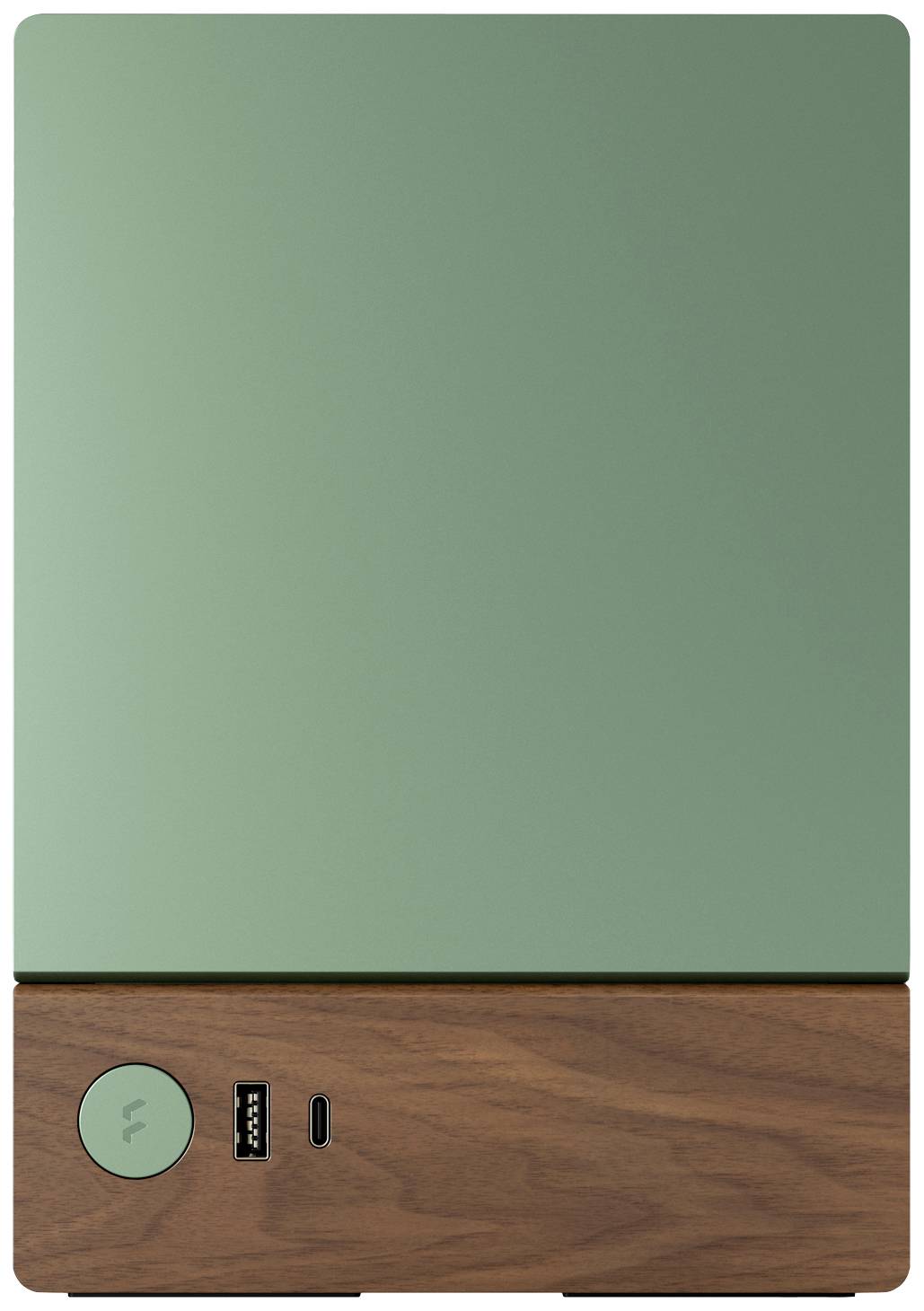 Appareil électronique vert avec socle en bois, bouton rond, port USB et port USB-C à l'avant.