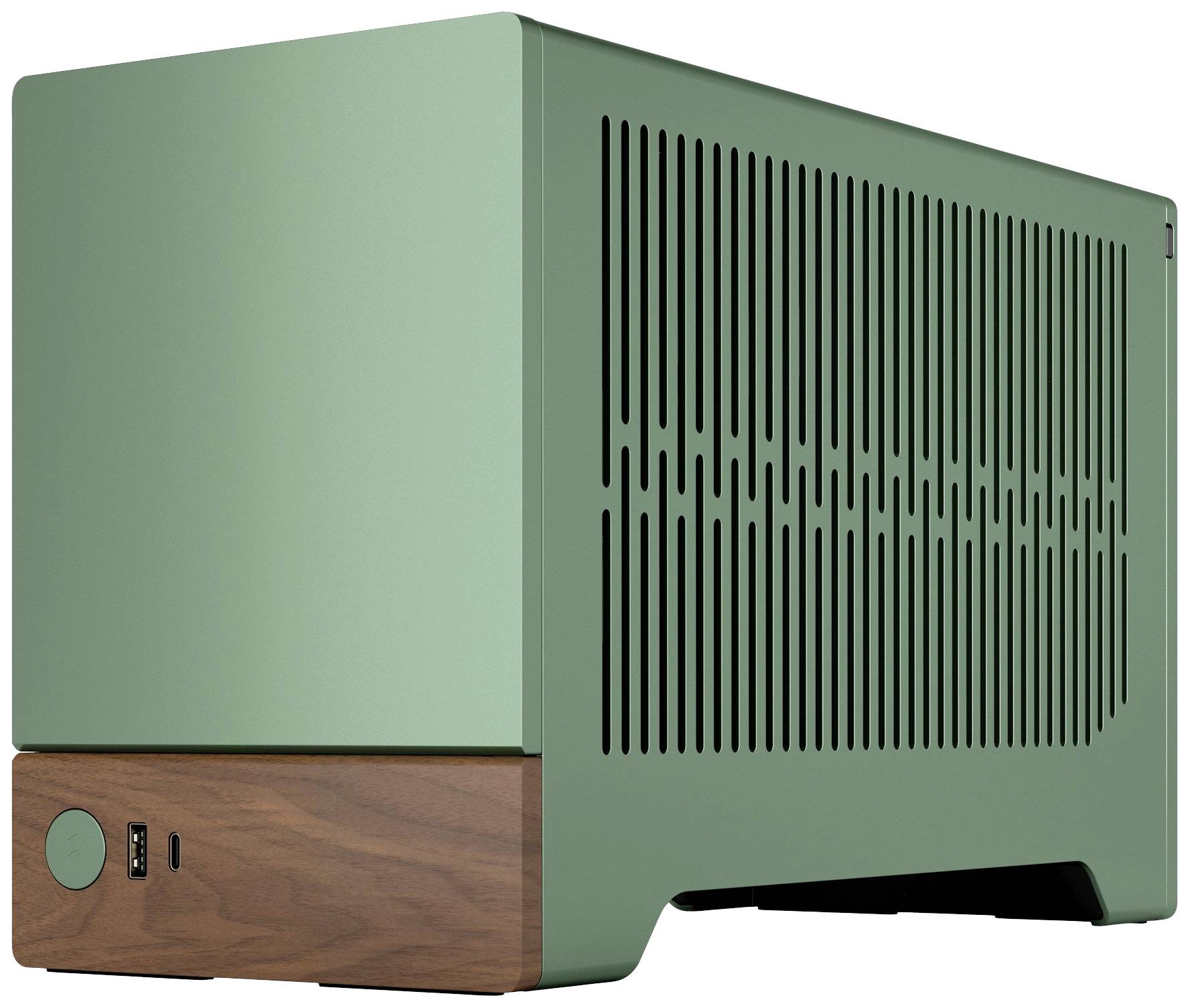 Un boîtier d'ordinateur ITX vert avec un accent en bois sur la partie inférieure, des fentes de ventilation verticales et des ports frontaux USB et audio.