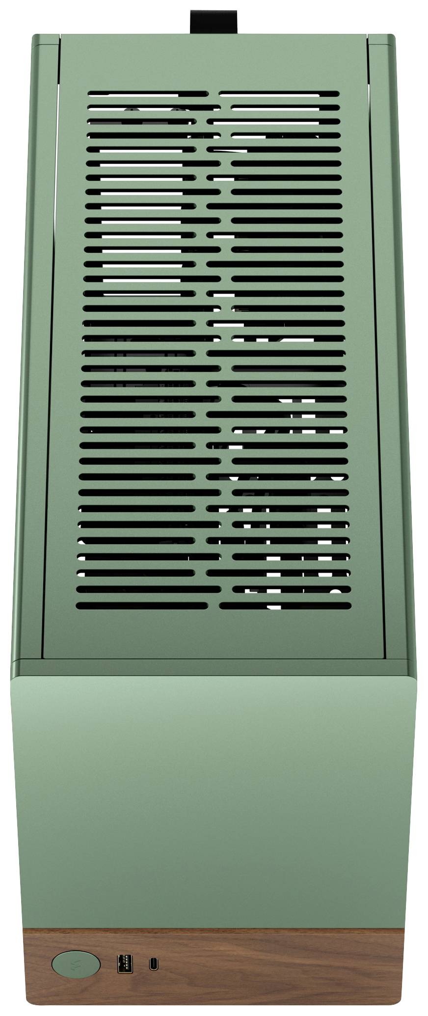 Un boîtier d'ordinateur vert en forme de tour avec des fentes de ventilation verticales et un élément de base en bois. En bas se trouvent des connexions et un interrupteur.