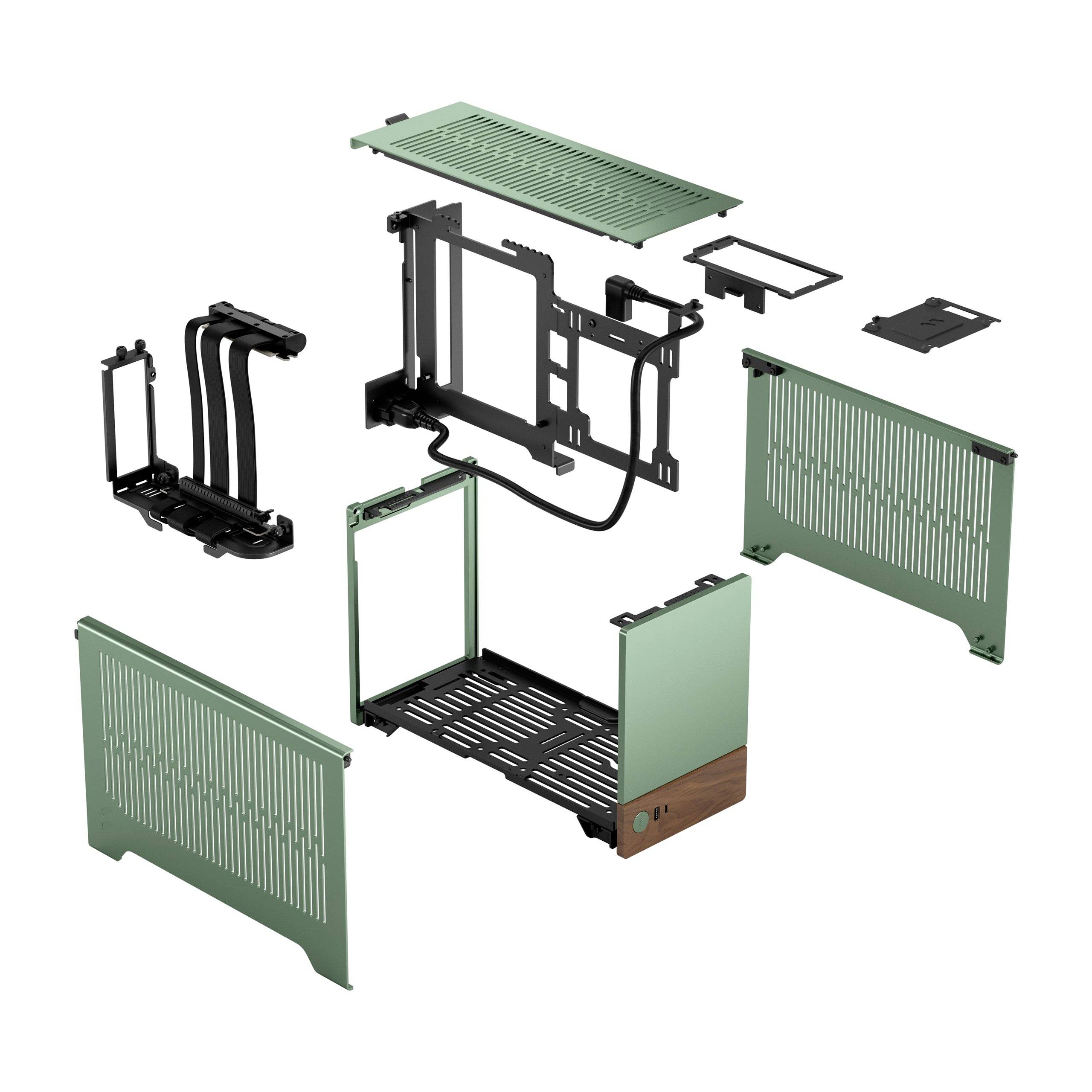 Boîtier d'ordinateur démonté avec des composants verts et noirs, comprenant les panneaux latéraux, le fond et le châssis intérieur.