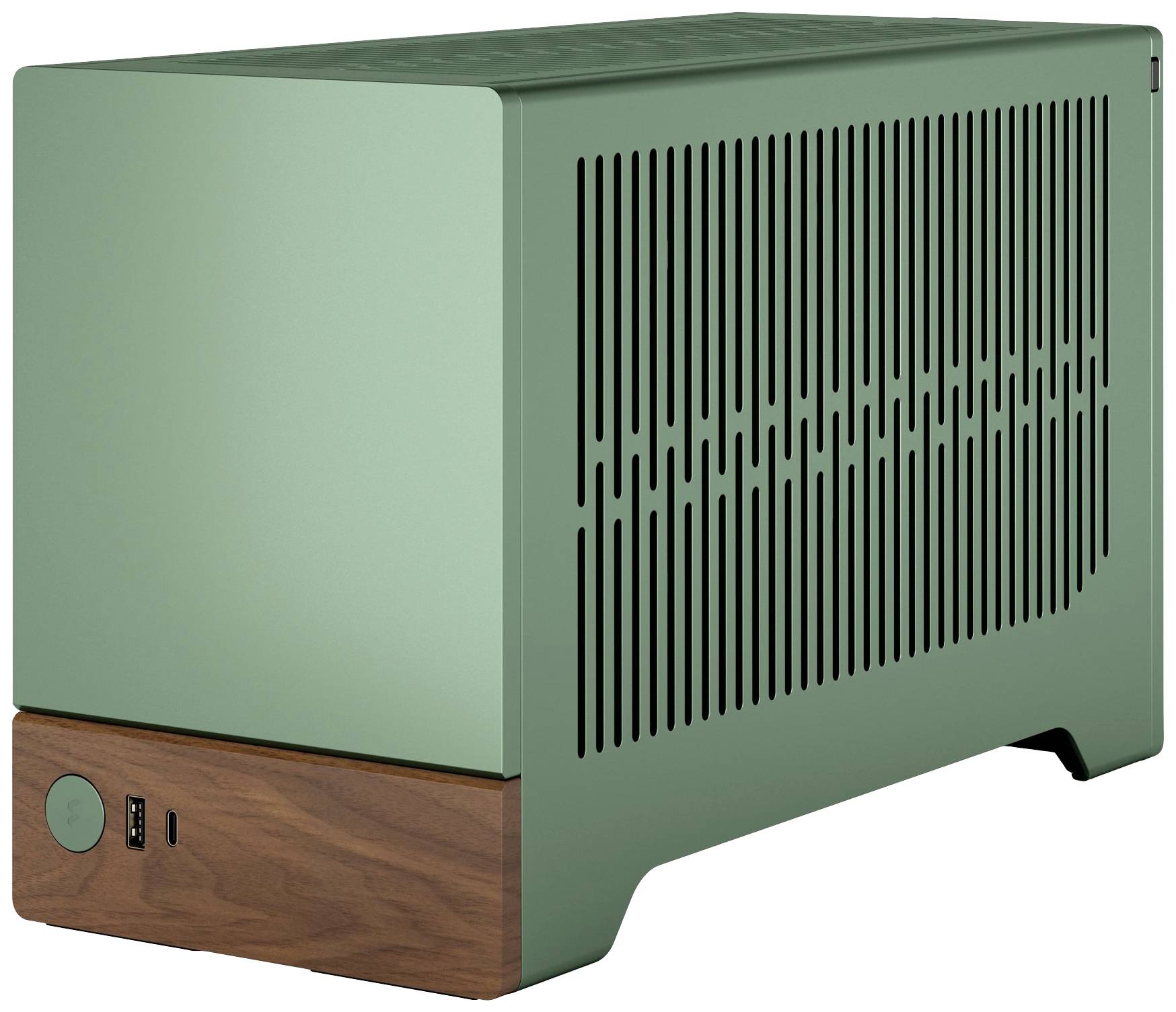 Un appareil vert, rectangulaire, avec des détails en bois et des ouïes de ventilation sur le côté ; probablement un appareil électronique.