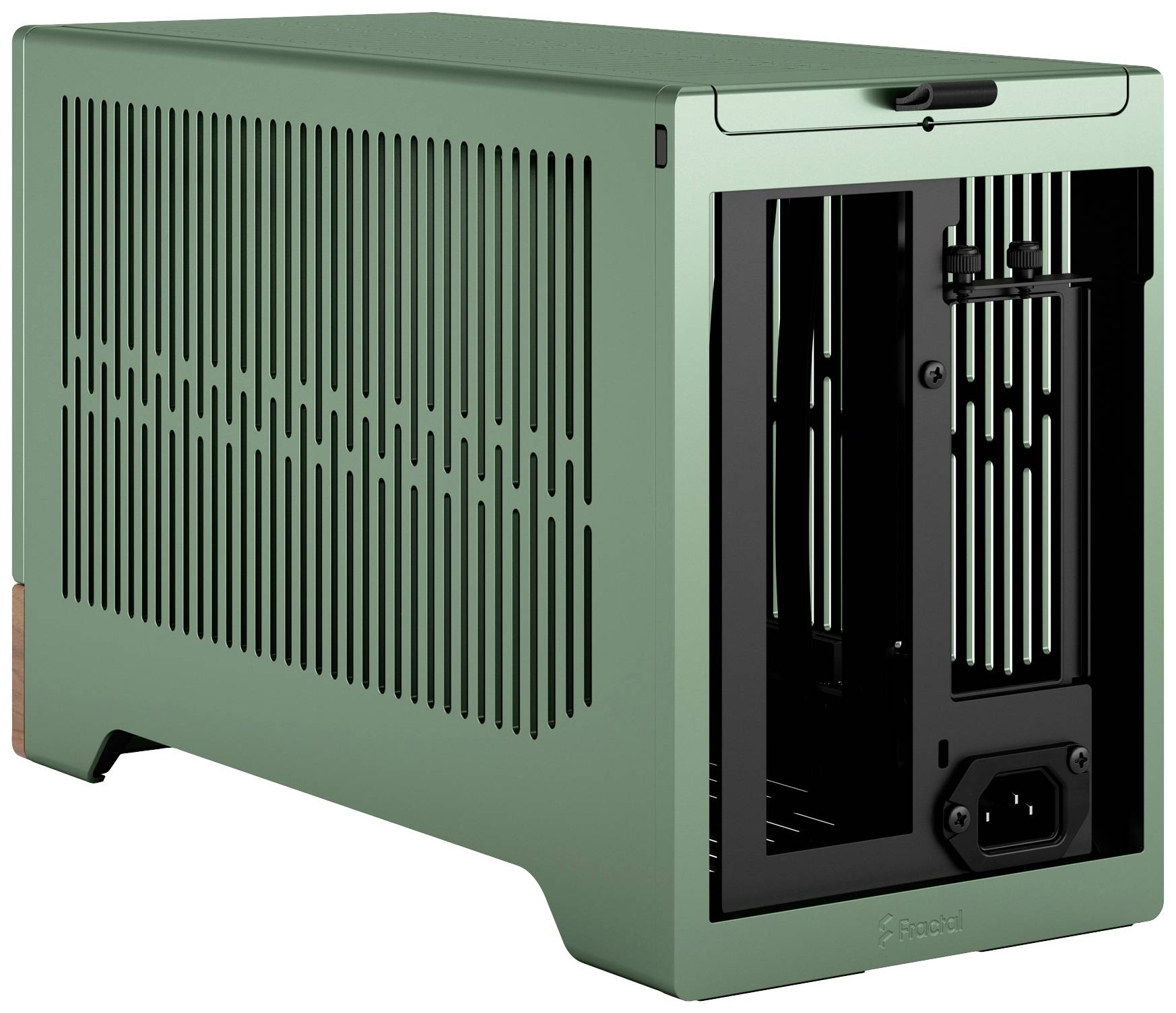 Un boîtier d'ordinateur vert et rectangulaire avec des fentes de ventilation sur les côtés. L'avant présente une conception compacte.