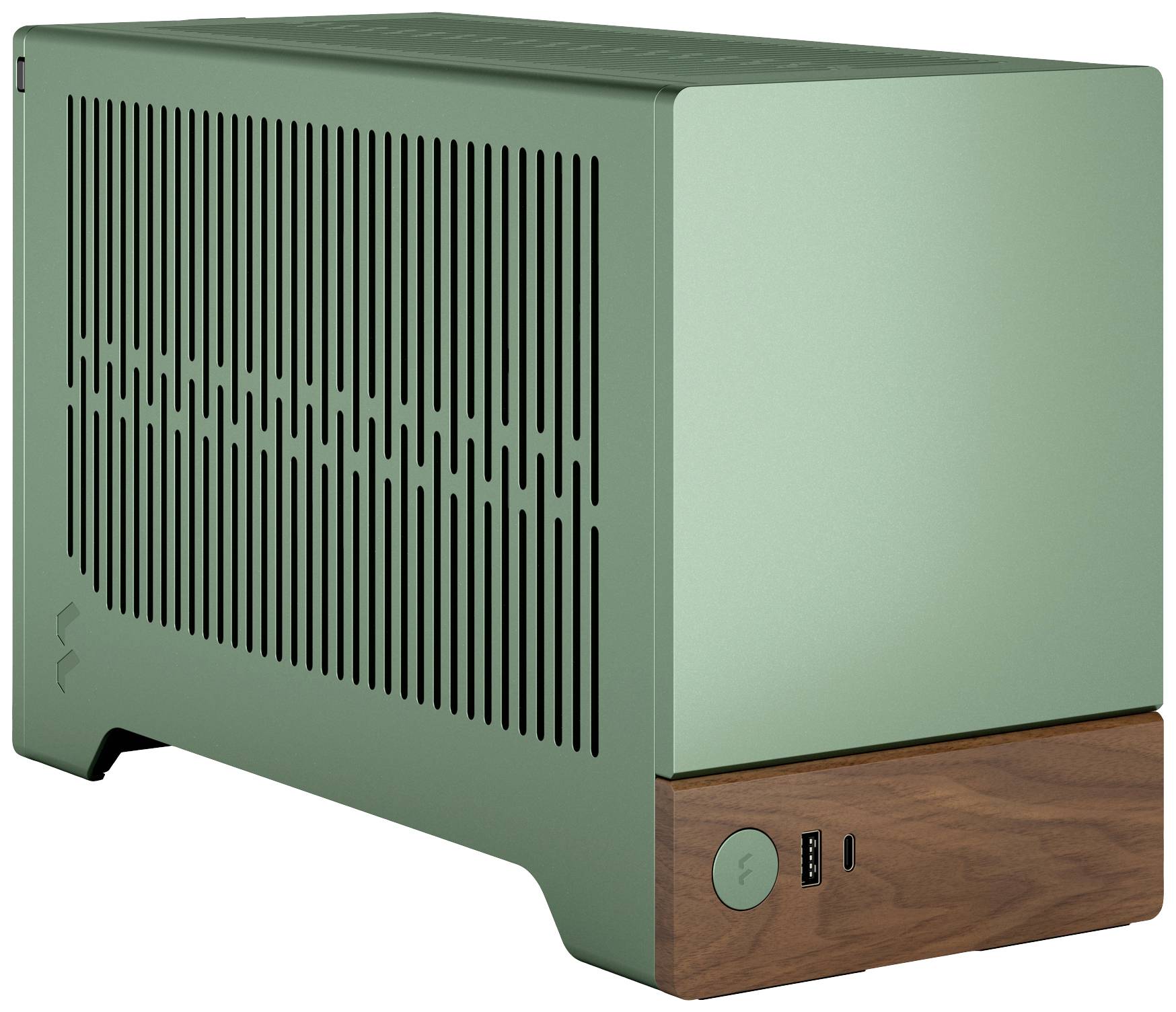 Un petit boîtier d'ordinateur vert avec des décorations en bois, un design aéré sur le côté et des ports et un interrupteur sur la façade.