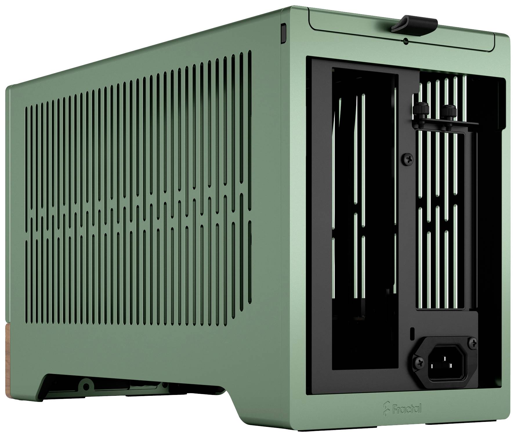 Appareil vert de type informatique avec boîtier ouvert et fentes d'aération visibles. L'arrière présente un branchement pour l'alimentation électrique.